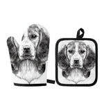 Black And White Drawing Beagle Print Oven Mitt And Pot Holder Set