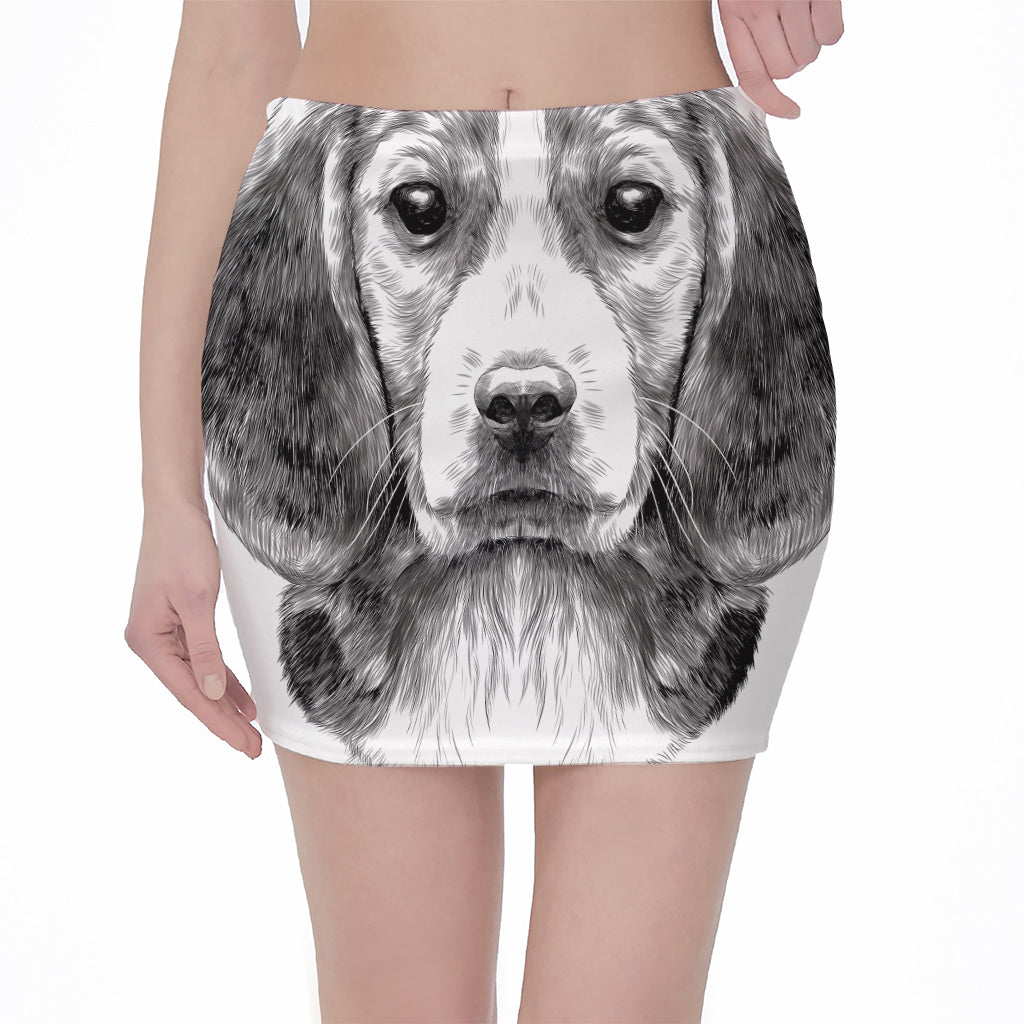 Black And White Drawing Beagle Print Pencil Mini Skirt