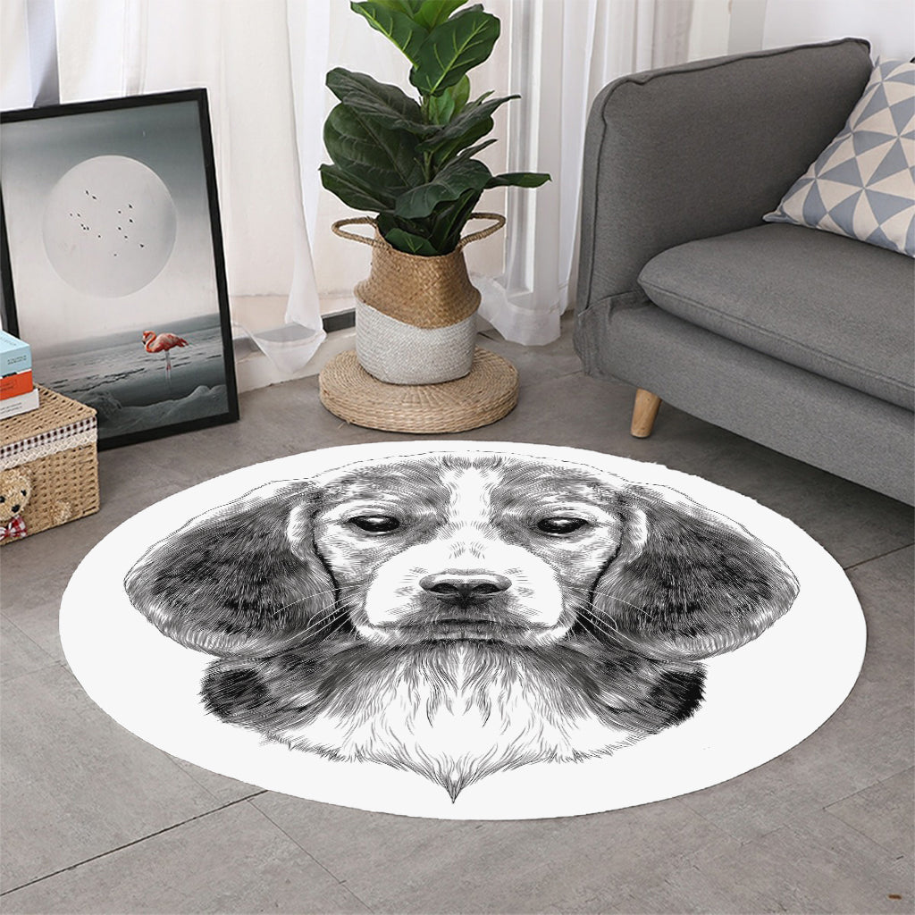 Black And White Drawing Beagle Print Round Rug