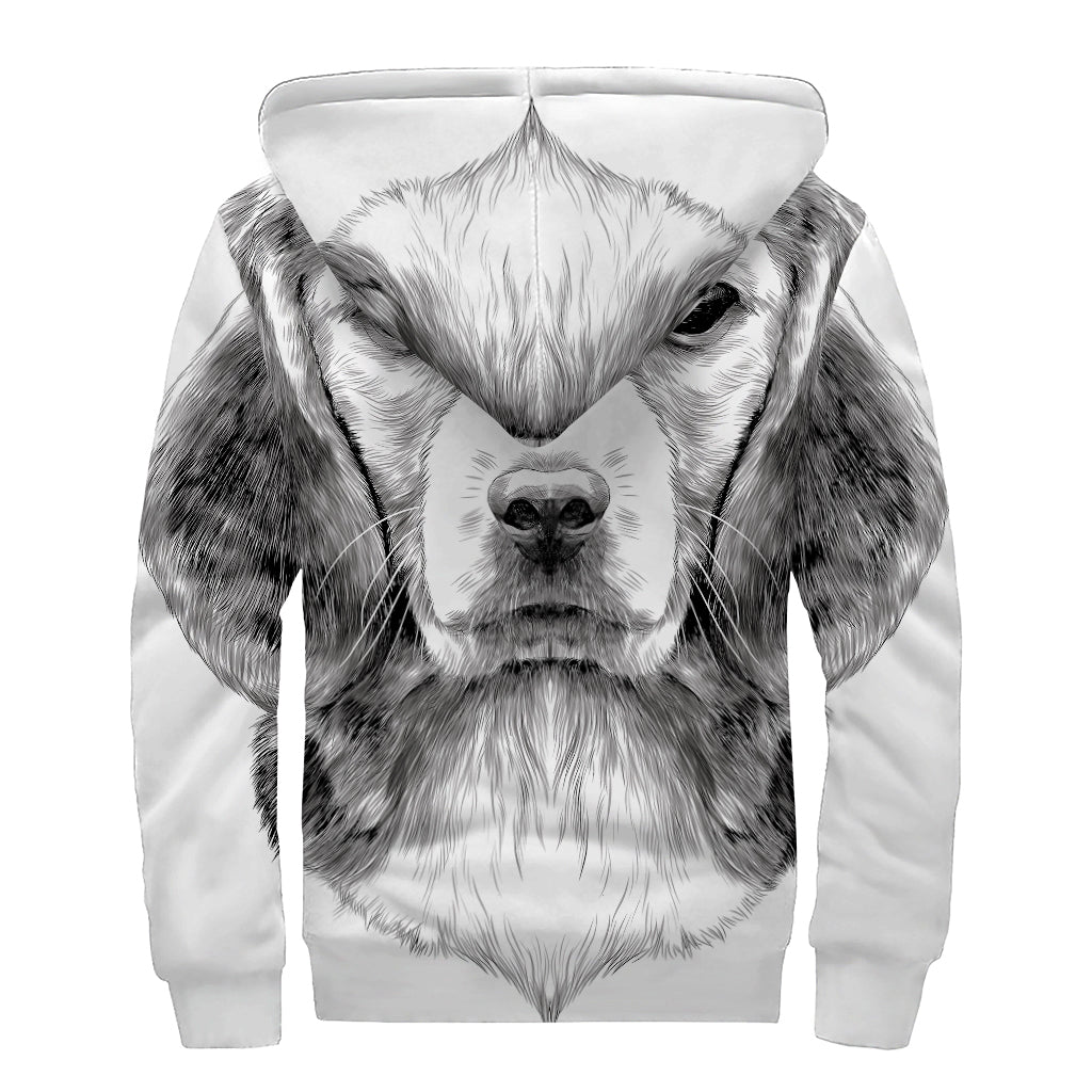 Black And White Drawing Beagle Print Sherpa Lined Zip Up Hoodie
