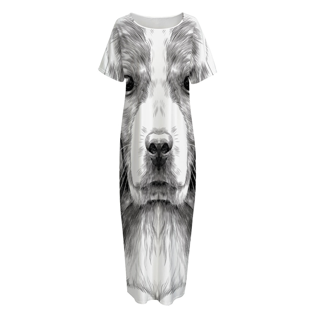 Black And White Drawing Beagle Print Short Sleeve Long Nightdress