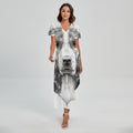 Black And White Drawing Beagle Print Short Sleeve Maxi Dress