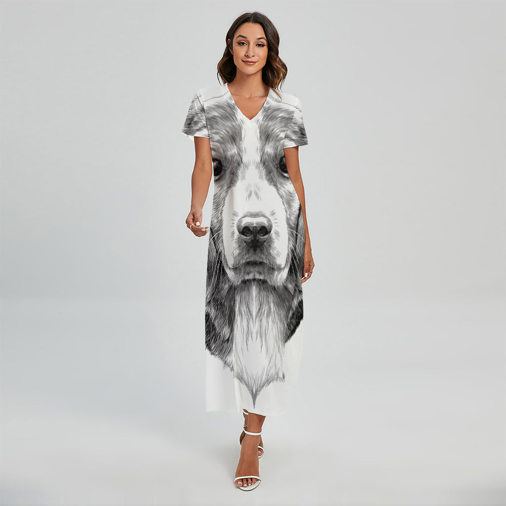 Black And White Drawing Beagle Print Short Sleeve Maxi Dress