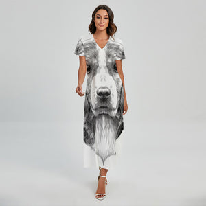 Black And White Drawing Beagle Print Short Sleeve Maxi Dress