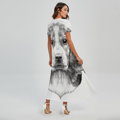 Black And White Drawing Beagle Print Short Sleeve Maxi Dress