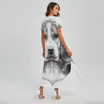 Black And White Drawing Beagle Print Short Sleeve Maxi Dress