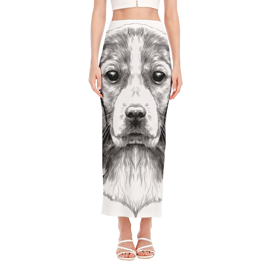 Black And White Drawing Beagle Print Side Slit Maxi Skirt