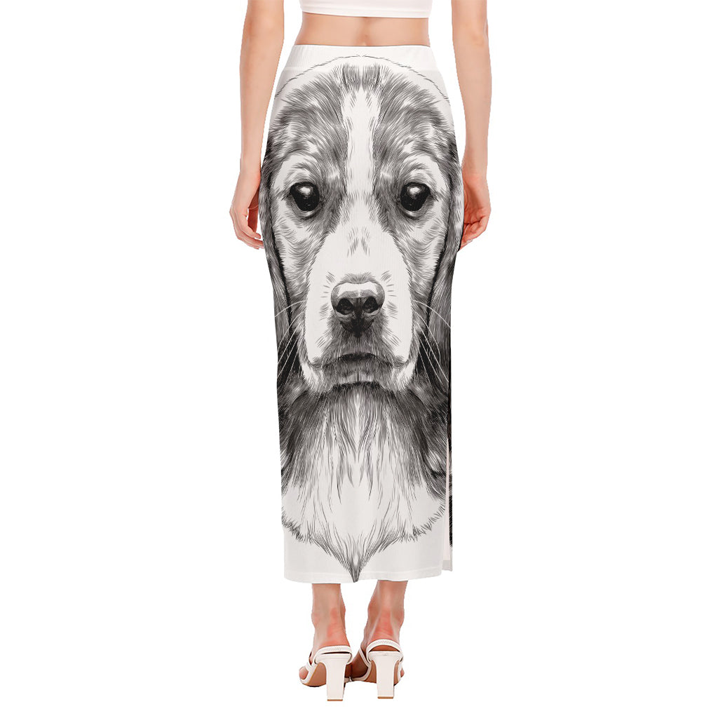 Black And White Drawing Beagle Print Side Slit Maxi Skirt