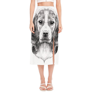 Black And White Drawing Beagle Print Side Slit Midi Skirt