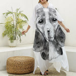 Black And White Drawing Beagle Print Silk V-Neck Kaftan Dress