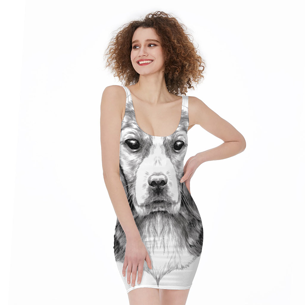 Black And White Drawing Beagle Print Sleeveless Bodycon Dress