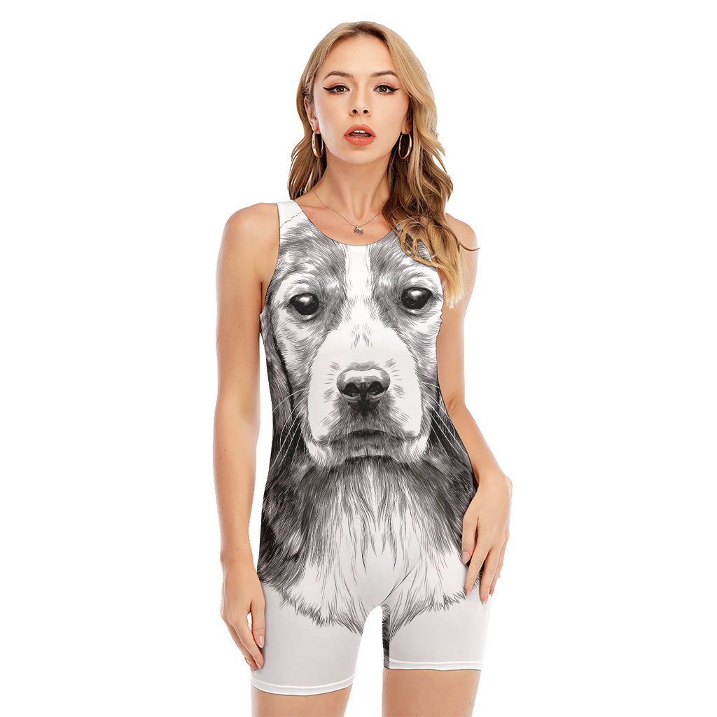 Black And White Drawing Beagle Print Sleeveless One Piece Swimsuit