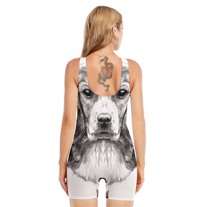 Black And White Drawing Beagle Print Sleeveless One Piece Swimsuit