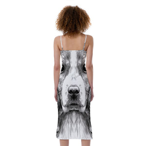 Black And White Drawing Beagle Print Slim Fit Midi Cami Dress