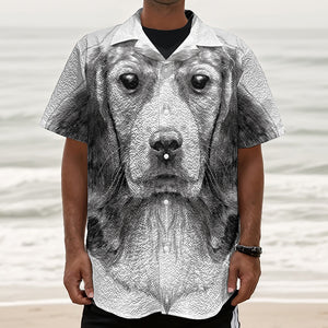 Black And White Drawing Beagle Print Textured Short Sleeve Shirt