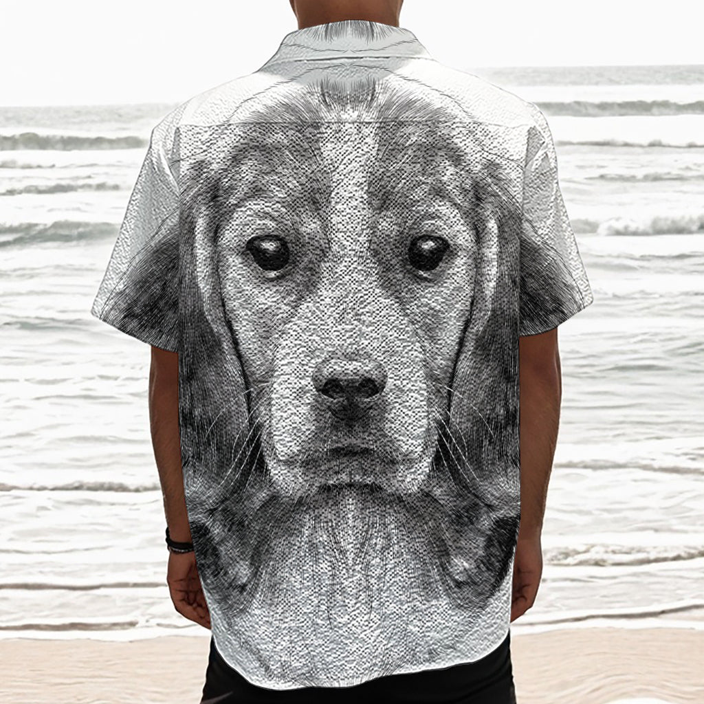 Black And White Drawing Beagle Print Textured Short Sleeve Shirt