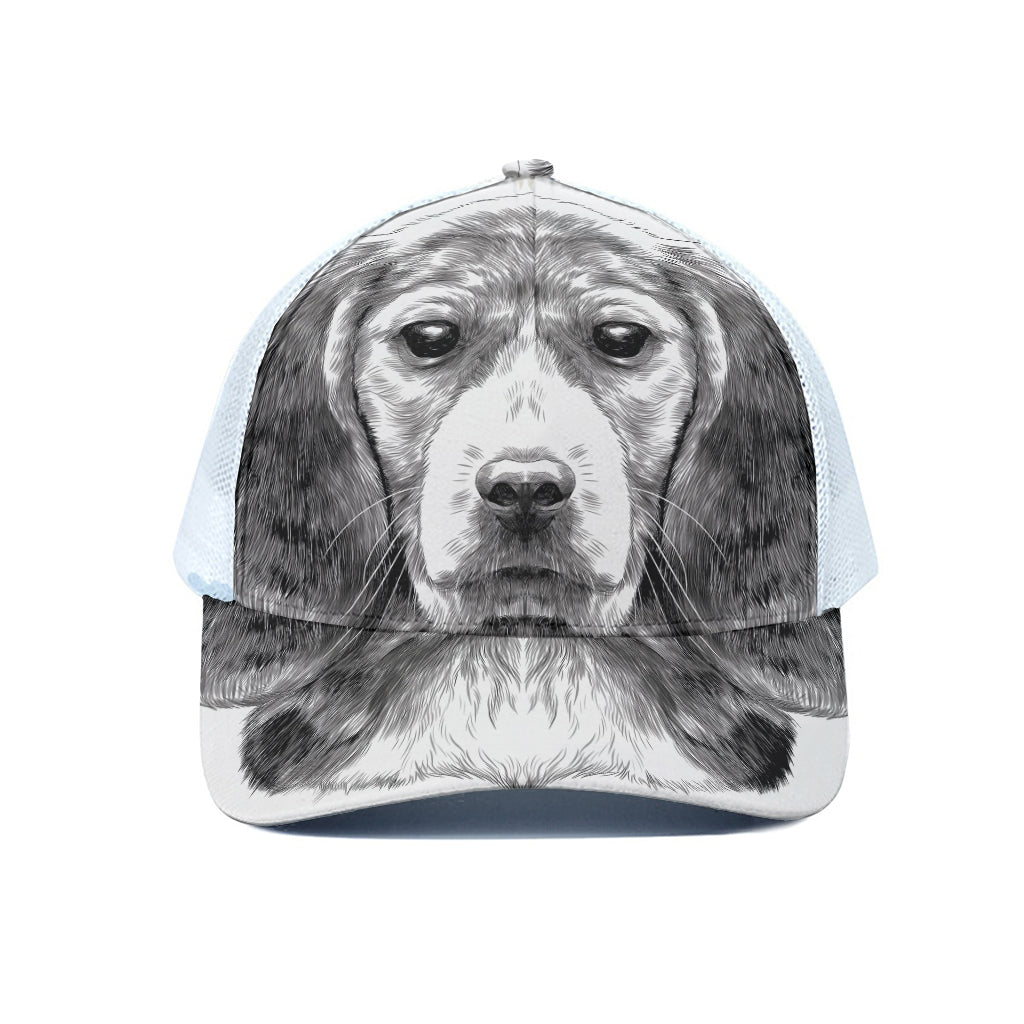 Black And White Drawing Beagle Print White Mesh Trucker Cap