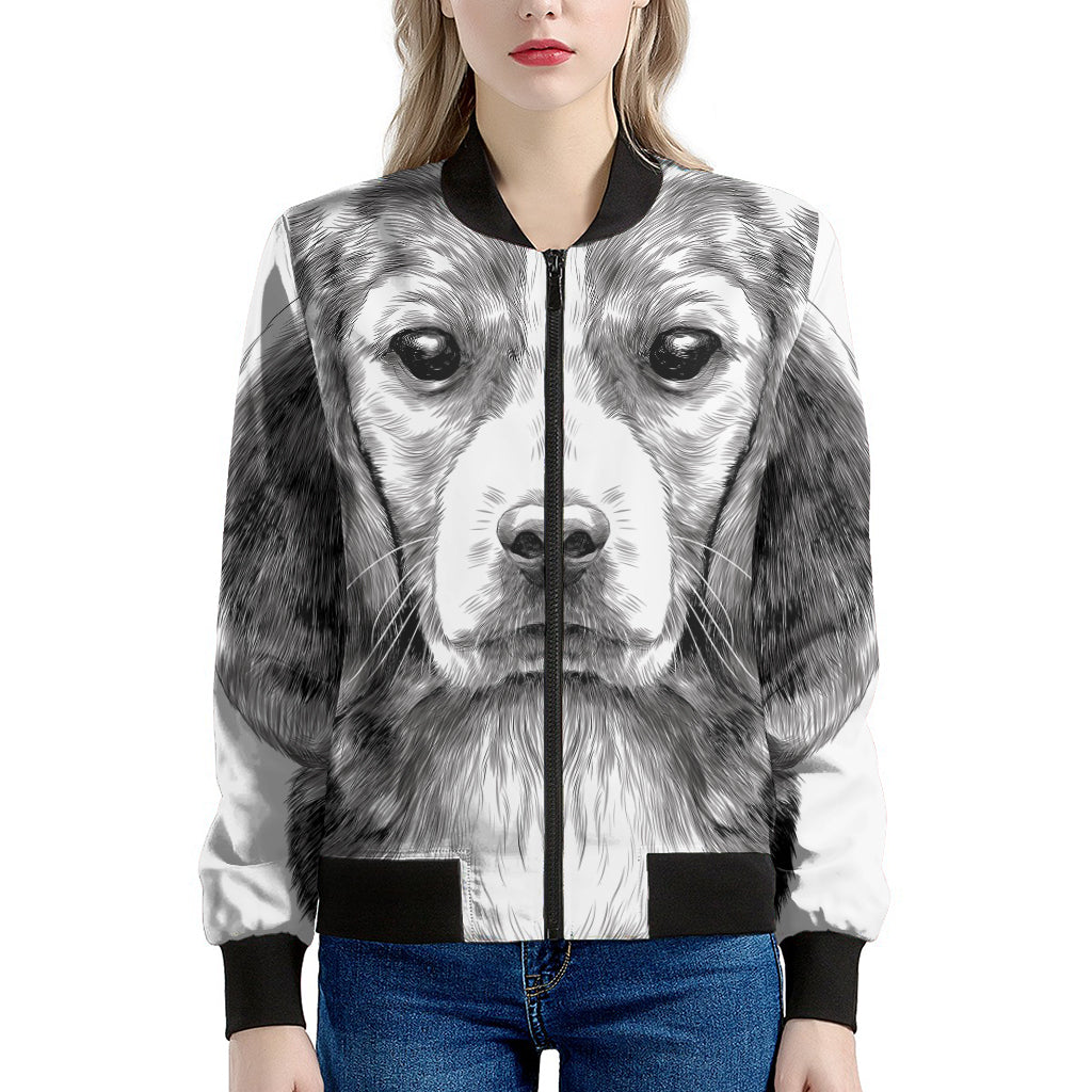 Black And White Drawing Beagle Print Women's Bomber Jacket