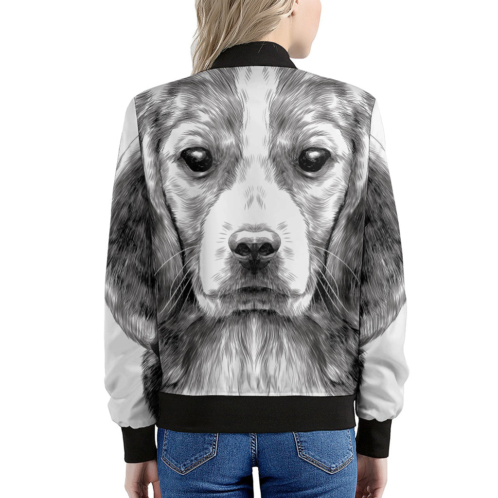 Black And White Drawing Beagle Print Women's Bomber Jacket