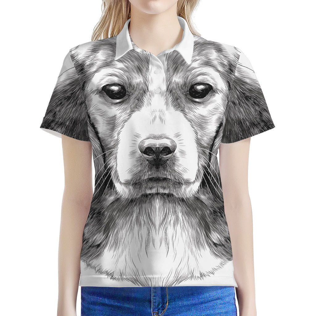 Black And White Drawing Beagle Print Women's Polo Shirt