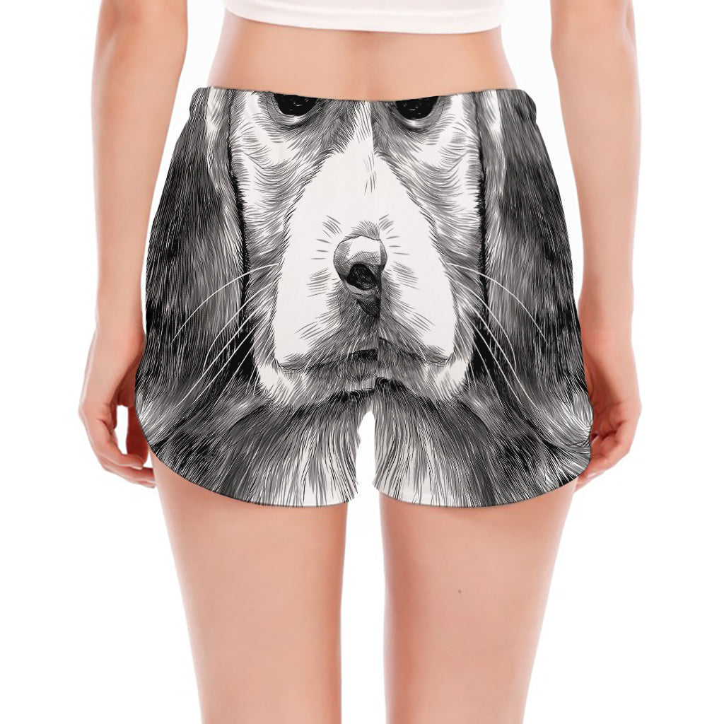 Black And White Drawing Beagle Print Women's Split Running Shorts