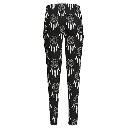 Black And White Dream Catcher Print High-Waisted Pocket Leggings