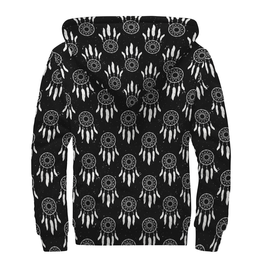 Black And White Dream Catcher Print Sherpa Lined Zip Up Hoodie