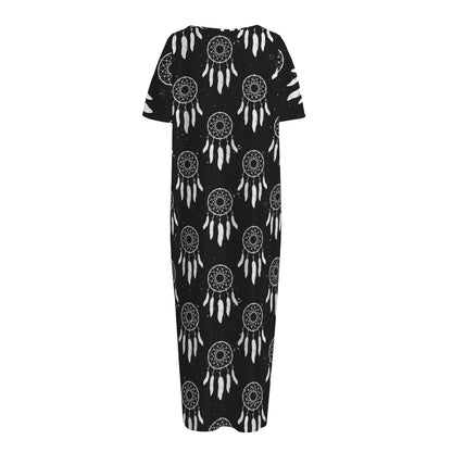 Black And White Dream Catcher Print Short Sleeve Long Nightdress