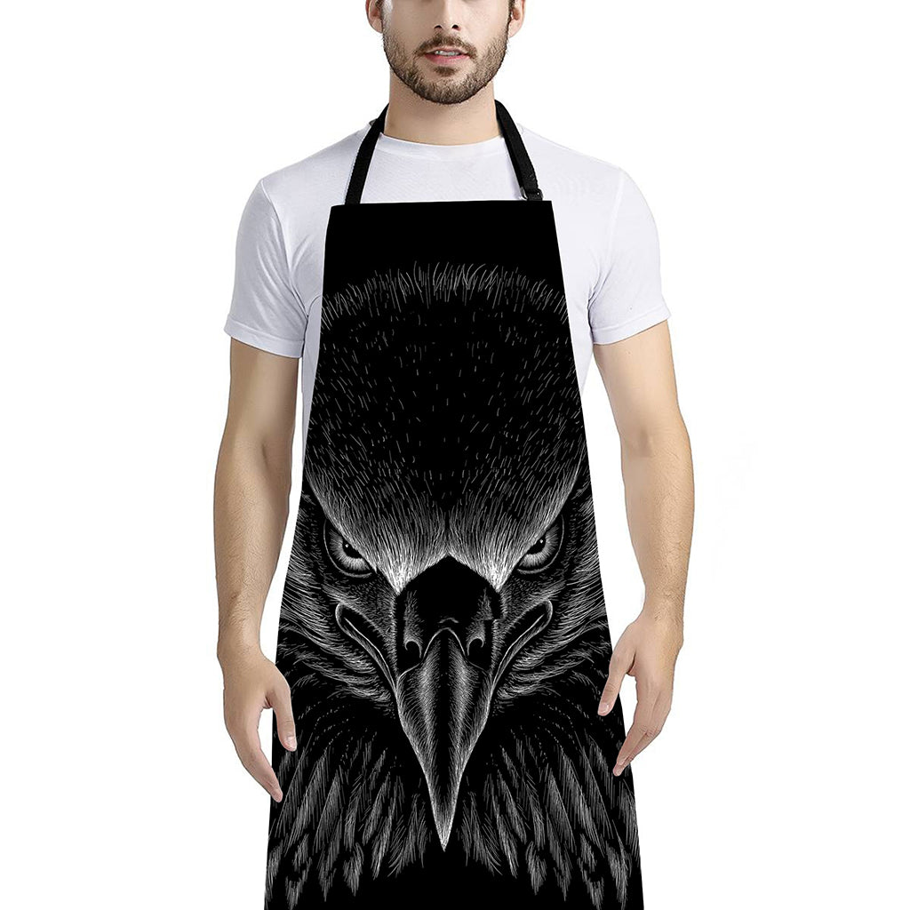 Black And White Eagle Print Bib Apron With Pocket