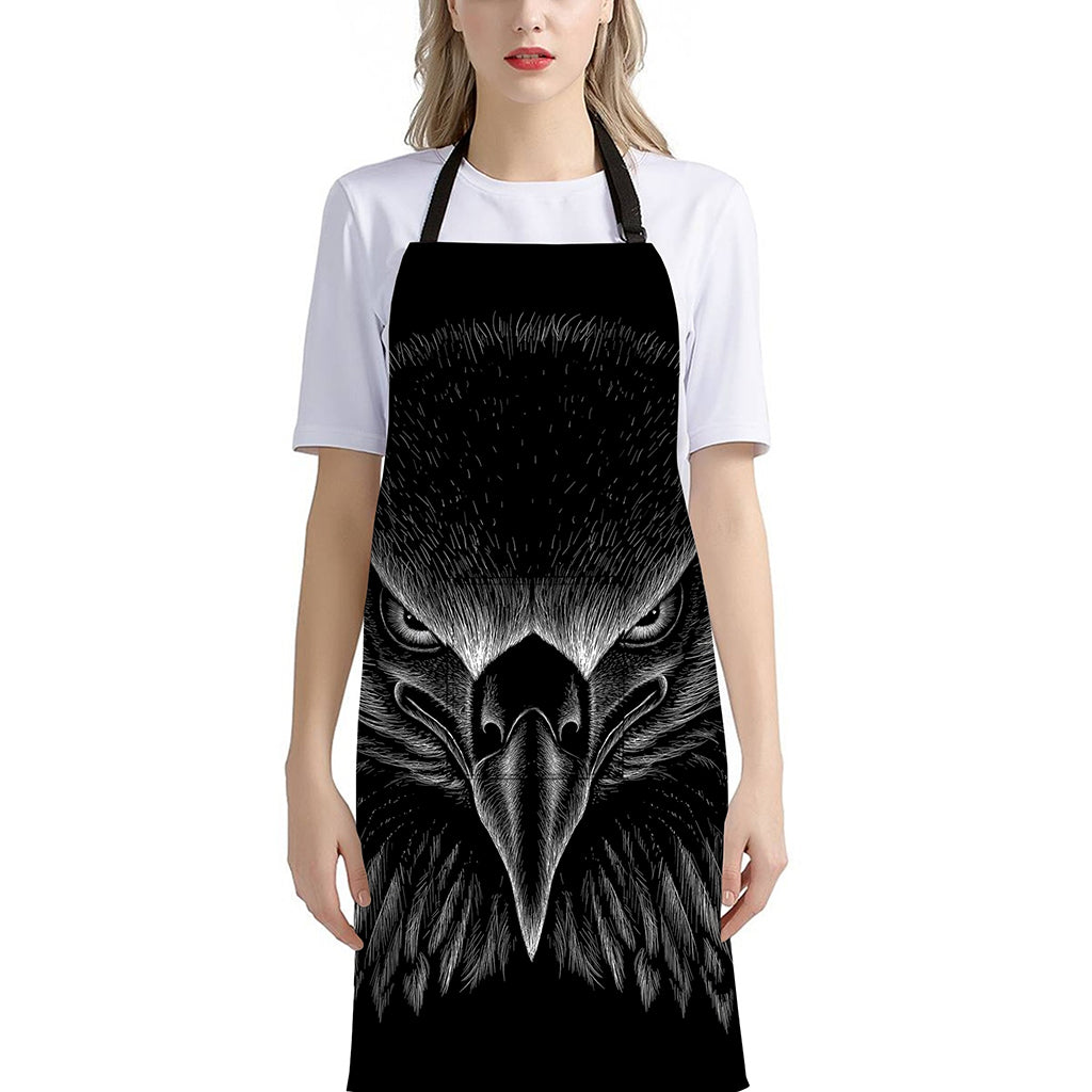 Black And White Eagle Print Bib Apron With Pocket