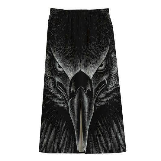 Black And White Eagle Print Cotton Front Slit Maxi Skirt