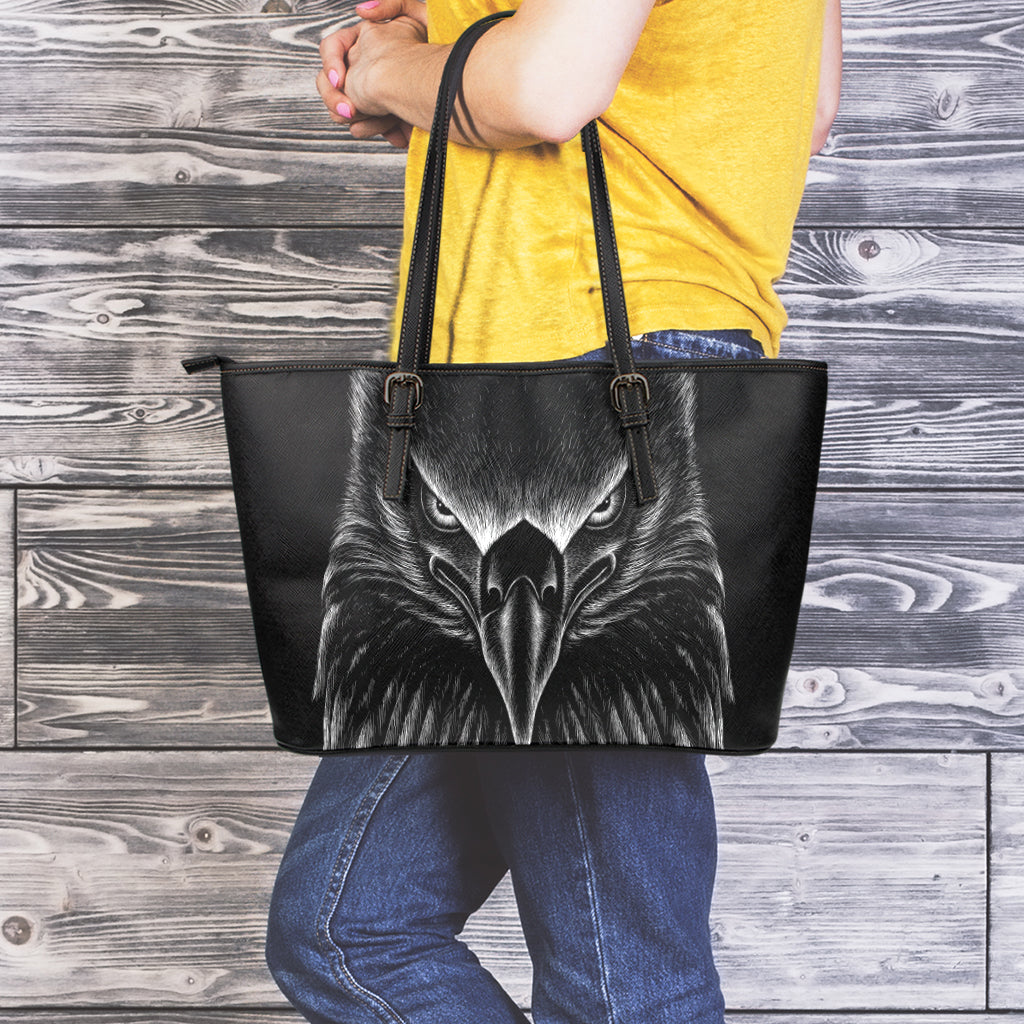 Black And White Eagle Print Leather Tote Bag