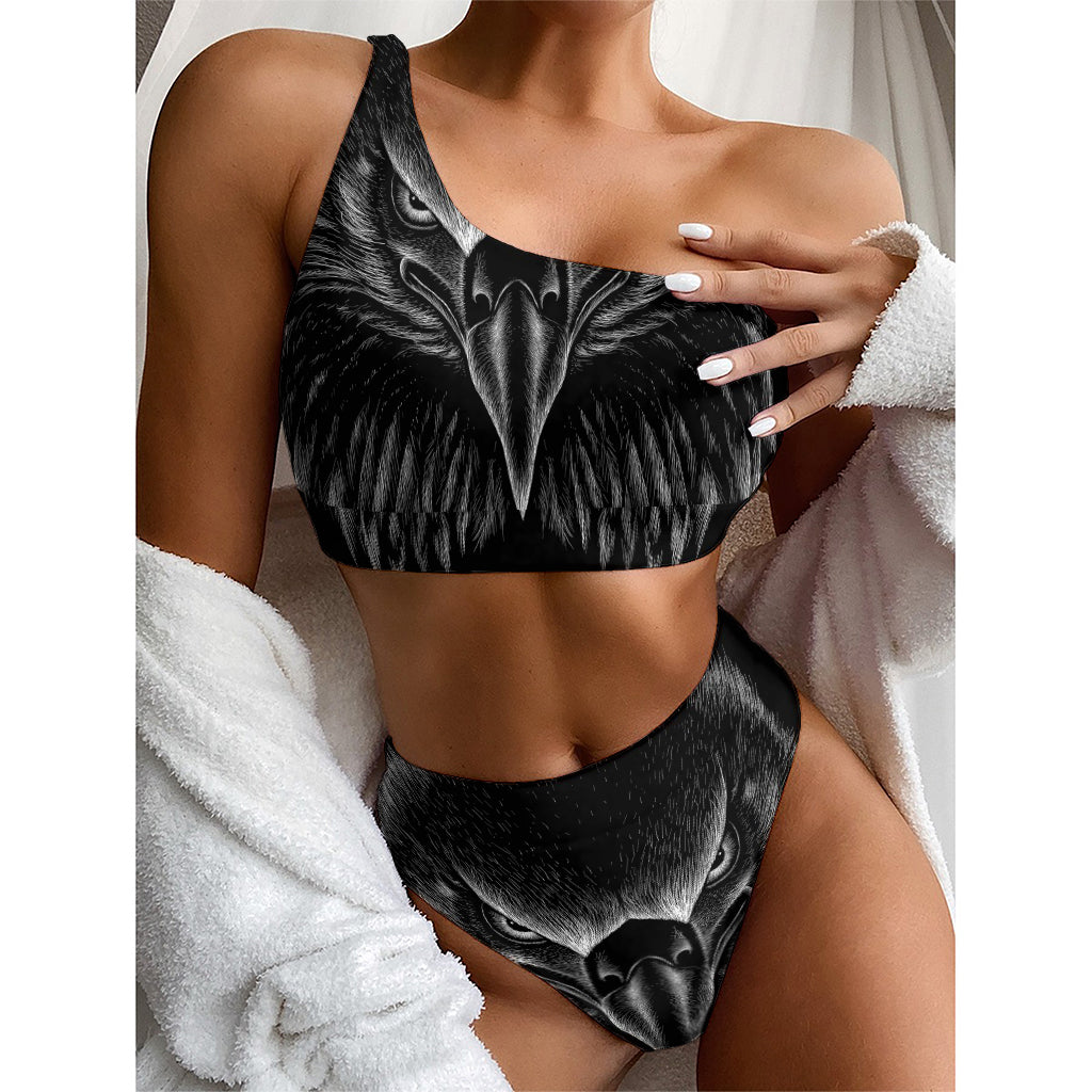 Black And White Eagle Print One Shoulder Bikini Top