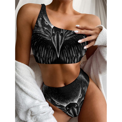 Black And White Eagle Print One Shoulder Bikini Top
