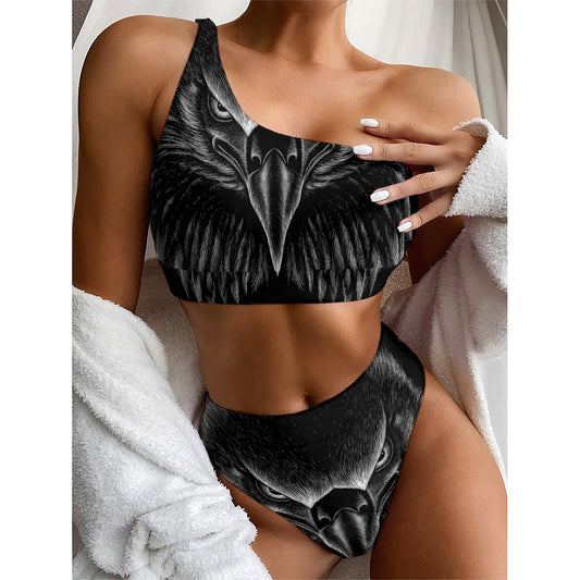 Black And White Eagle Print One Shoulder Bikini Top