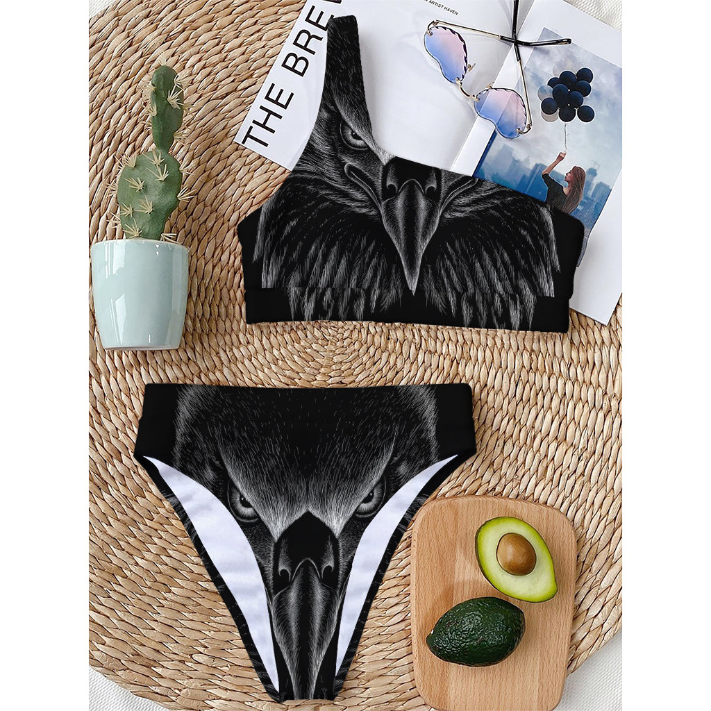 Black And White Eagle Print One Shoulder Bikini Top