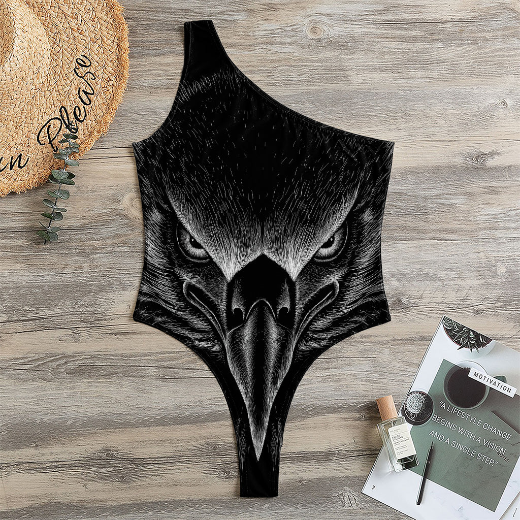 Black And White Eagle Print One Shoulder Bodysuit