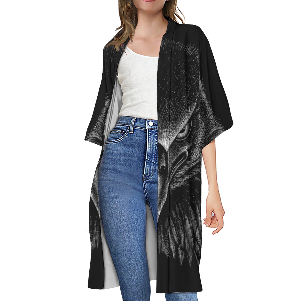 Black And White Eagle Print Open Front Beach Cover Up