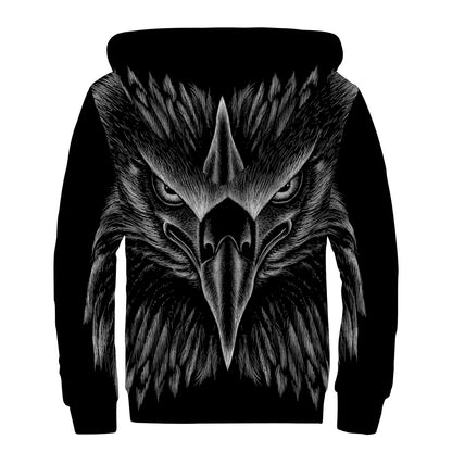 Black And White Eagle Print Sherpa Lined Zip Up Hoodie