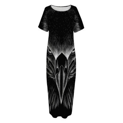 Black And White Eagle Print Short Sleeve Long Nightdress