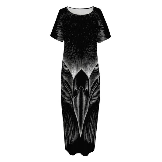 Black And White Eagle Print Short Sleeve Long Nightdress