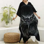 Black And White Eagle Print Silk V-Neck Kaftan Dress