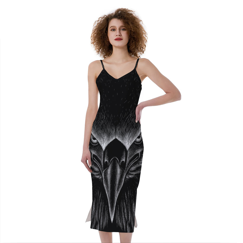 Black And White Eagle Print Slim Fit Midi Cami Dress