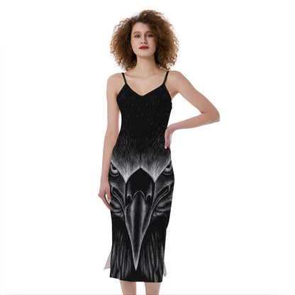 Black And White Eagle Print Slim Fit Midi Cami Dress