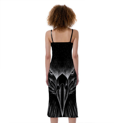 Black And White Eagle Print Slim Fit Midi Cami Dress