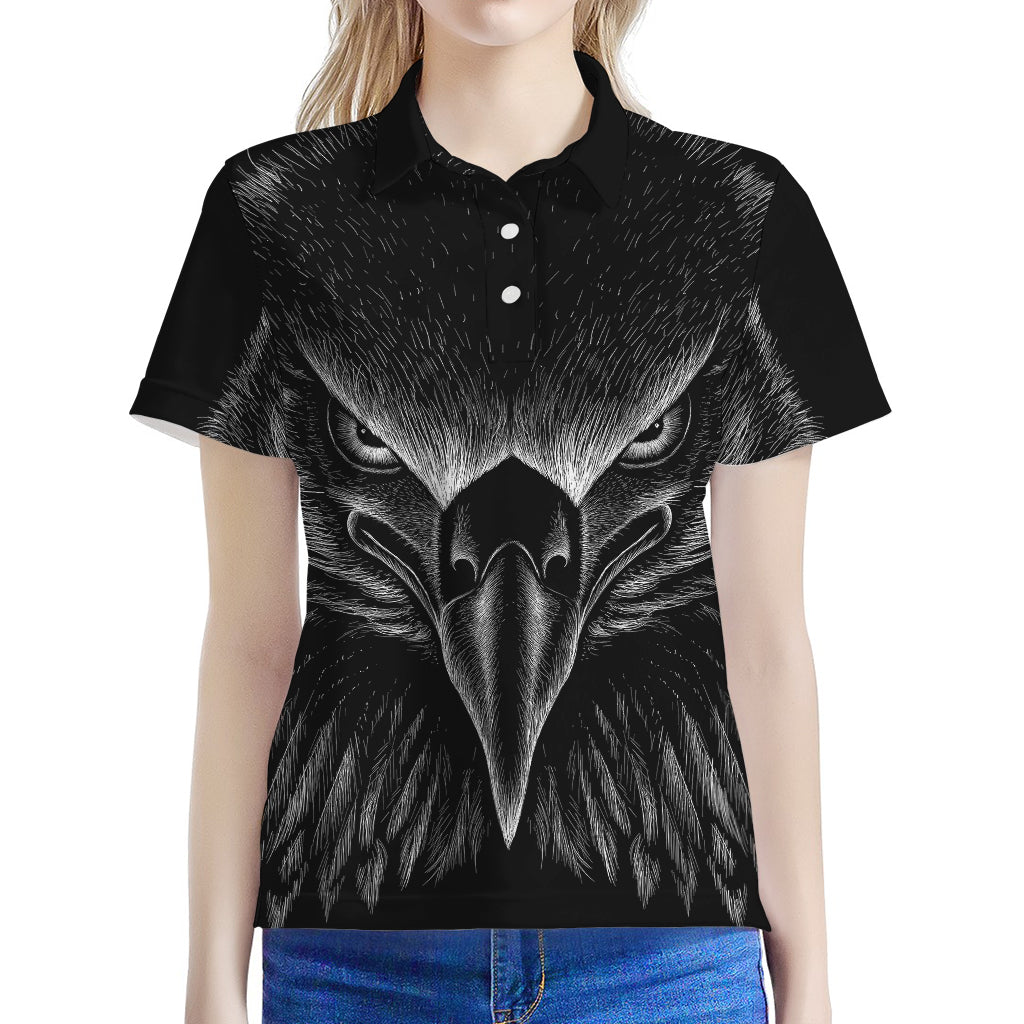 Black And White Eagle Print Women's Polo Shirt