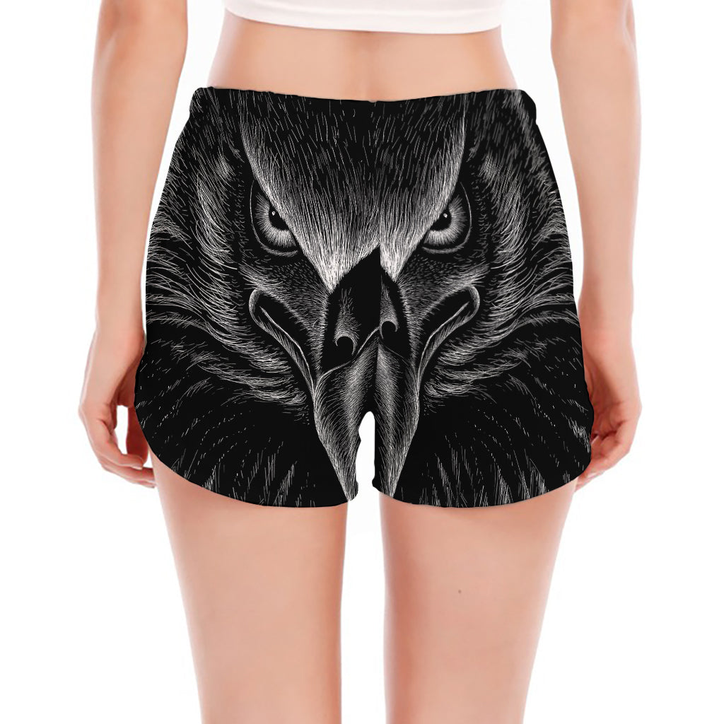 Black And White Eagle Print Women's Split Running Shorts