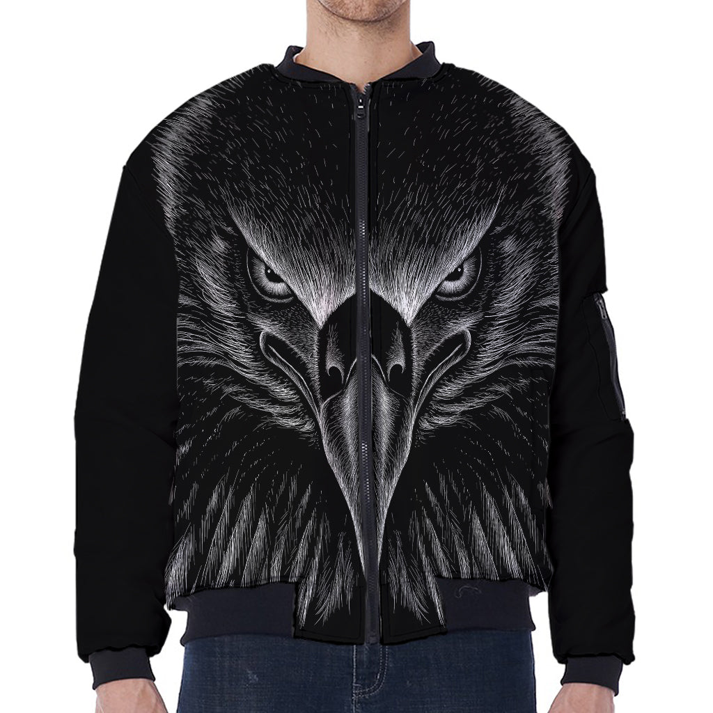 Black And White Eagle Print Zip Sleeve Bomber Jacket
