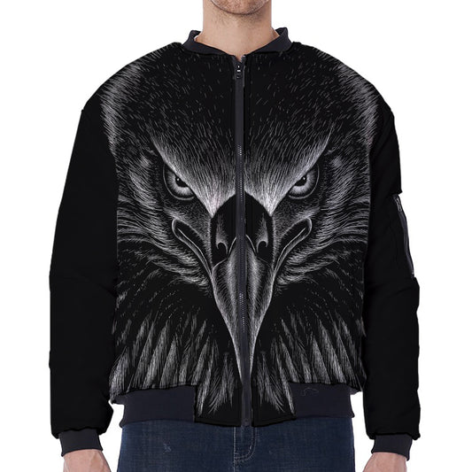 Black And White Eagle Print Zip Sleeve Bomber Jacket