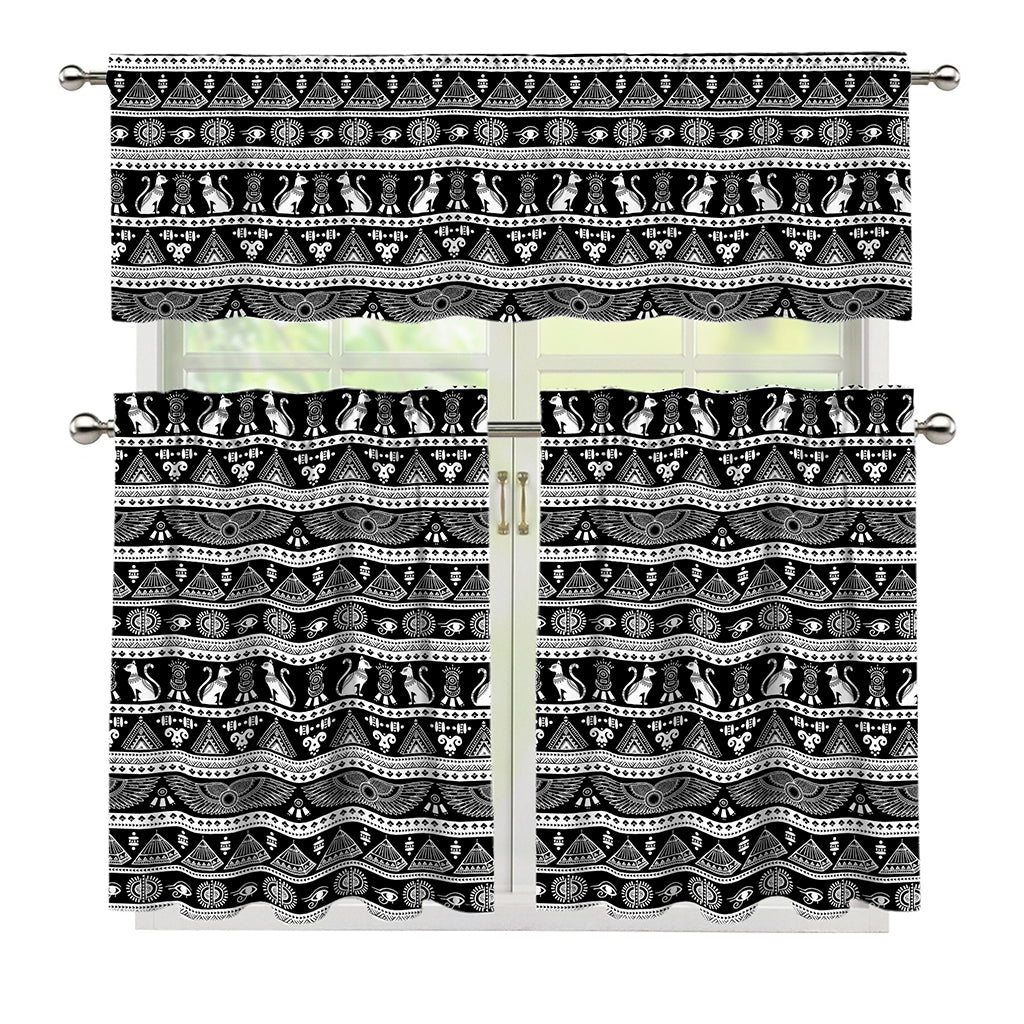 Black And White Egypt Pattern Print 3 Piece Kitchen Curtains